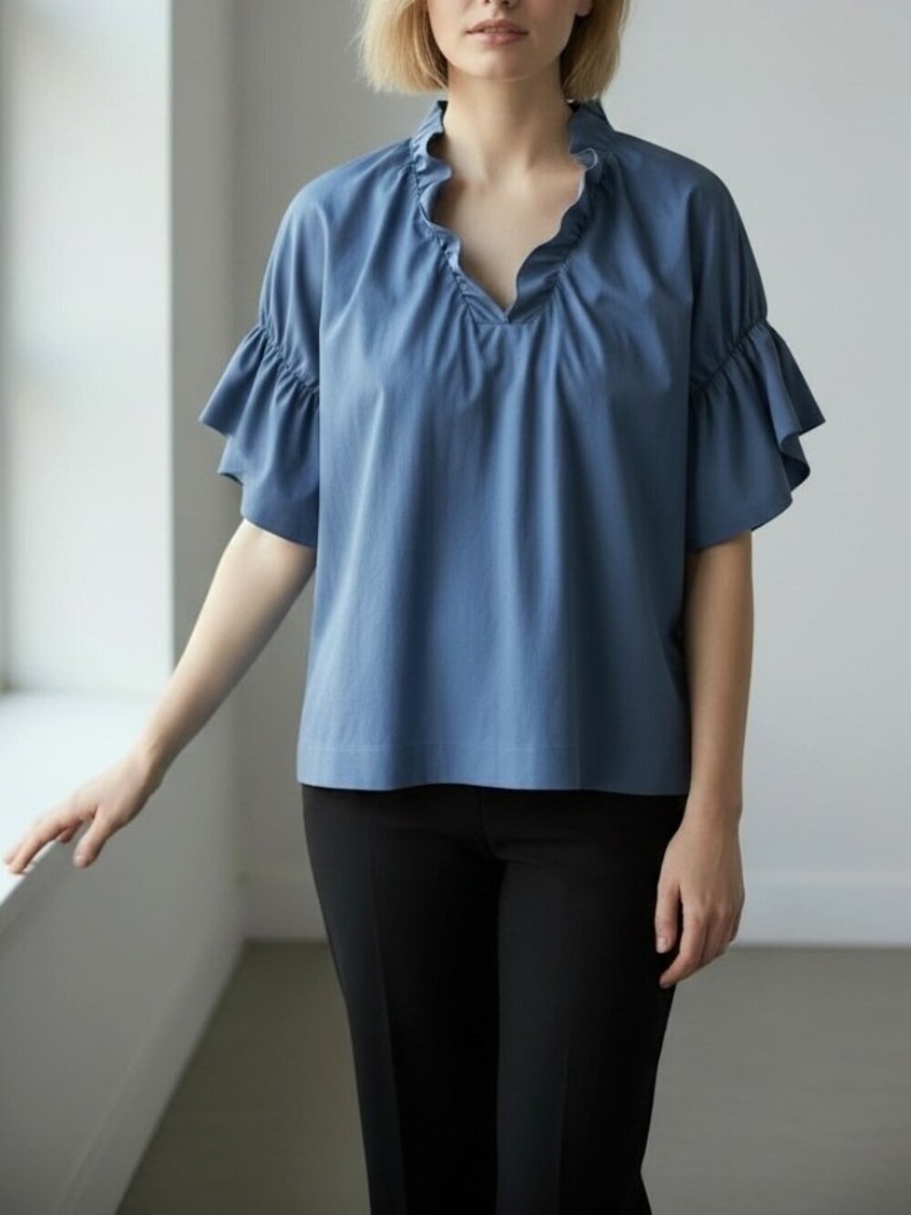 COS Blue Ruffle Neck Cotton Poplin Blouse Women's M Flutter Sleeve Minimalist